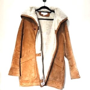 VINTAGE 80's Paris Sport Club Suede Faux Fur Lined Hooded Coat Medium